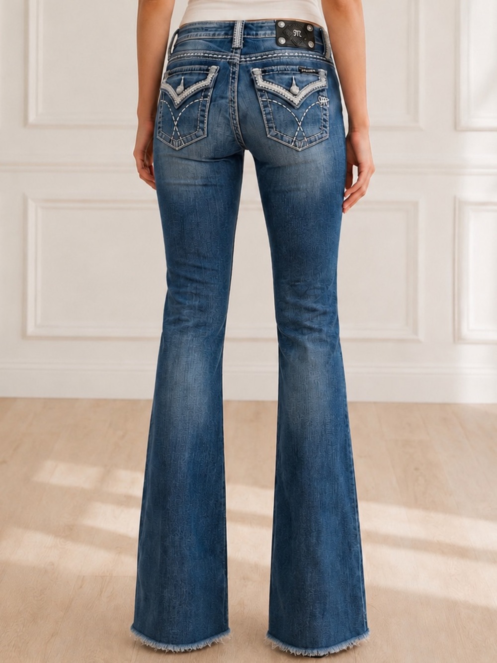 Miss Me Y2K Bling Rhinestone Leather Trim Bootcut Medium Wash JW5087B2 Size 29